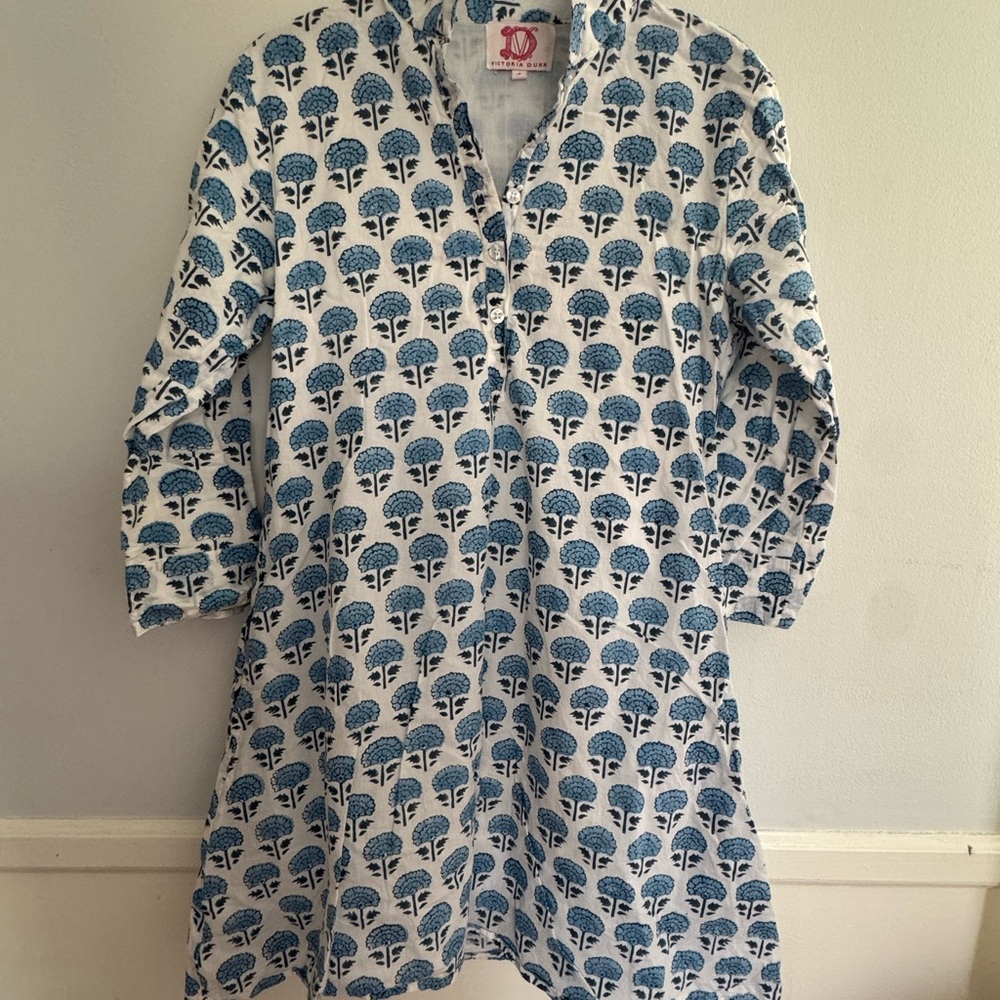 Victoria Dunn Sully Mandarin Petit Bleu Block Print Dress with Collar